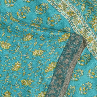 Sanskriti Vintage Soft Blue 100% Pure Woolen Saree Floral Print Sari 6+YD Fabric