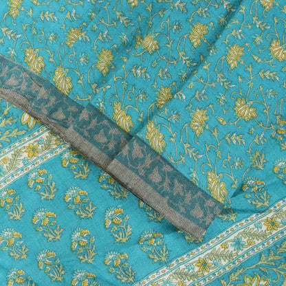 Sanskriti Vintage Soft Blue 100% Pure Woolen Saree Floral Print Sari 6+YD Fabric