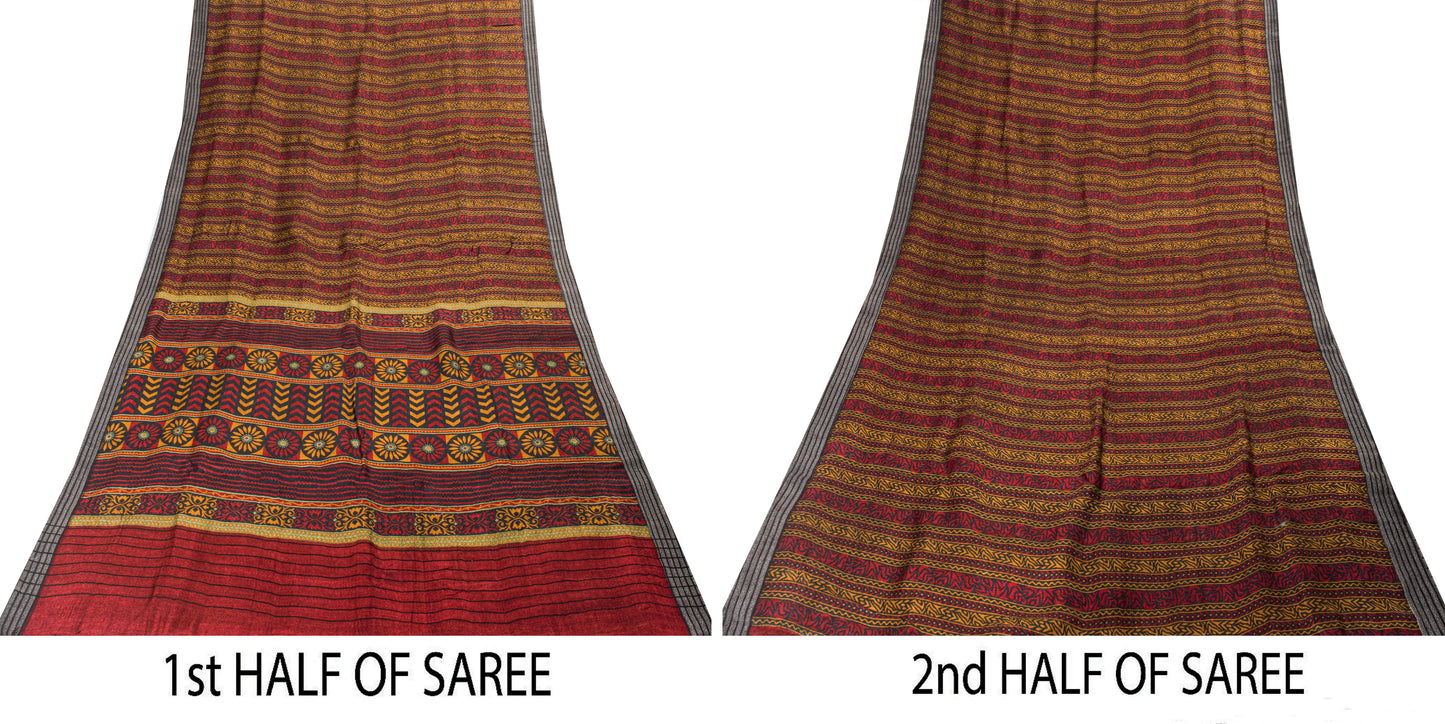 Sanskriti Vintage Soft Dark Red Saree Pure Woolen Floral Print Sari 6+YD Fabric