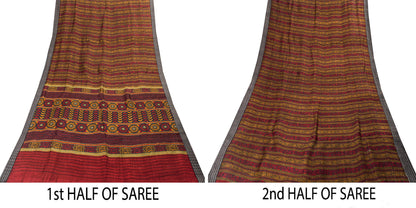 Sanskriti Vintage Soft Dark Red Saree Pure Woolen Floral Print Sari 6+YD Fabric