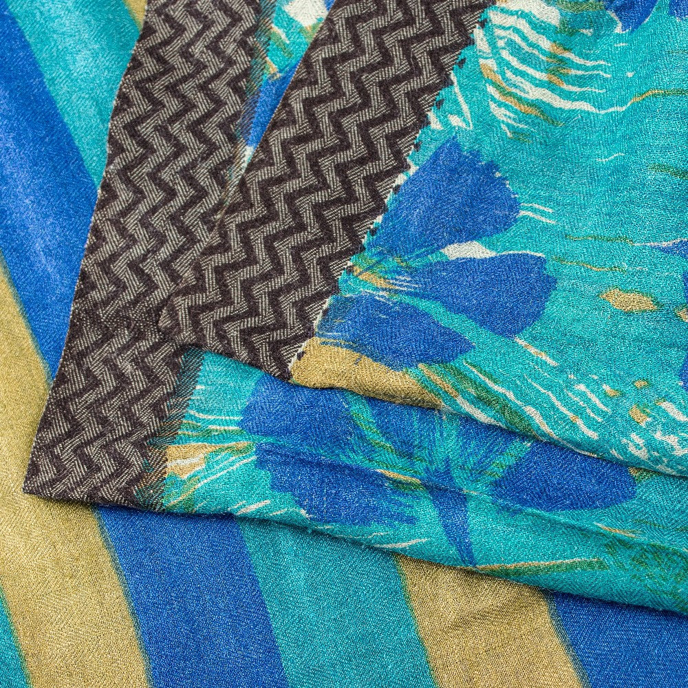 Sanskriti Vintage Blue Saree Pure Woolen Floral Printed Sari 5.5+YD Craft Fabric