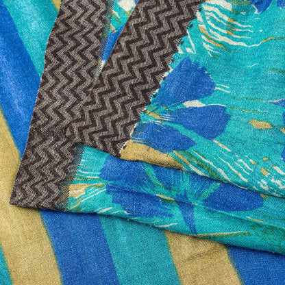 Sanskriti Vintage Blue Saree Pure Woolen Floral Printed Sari 5.5+YD Craft Fabric