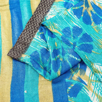 Sanskriti Vintage Blue Saree Pure Woolen Floral Printed Sari 5.5+YD Craft Fabric