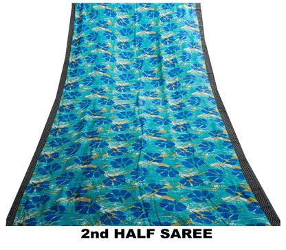 Sanskriti Vintage Blue Saree Pure Woolen Floral Printed Sari 5.5+YD Craft Fabric