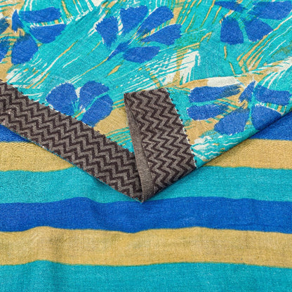 Sanskriti Vintage Blue Saree Pure Woolen Floral Printed Sari 5.5+YD Craft Fabric