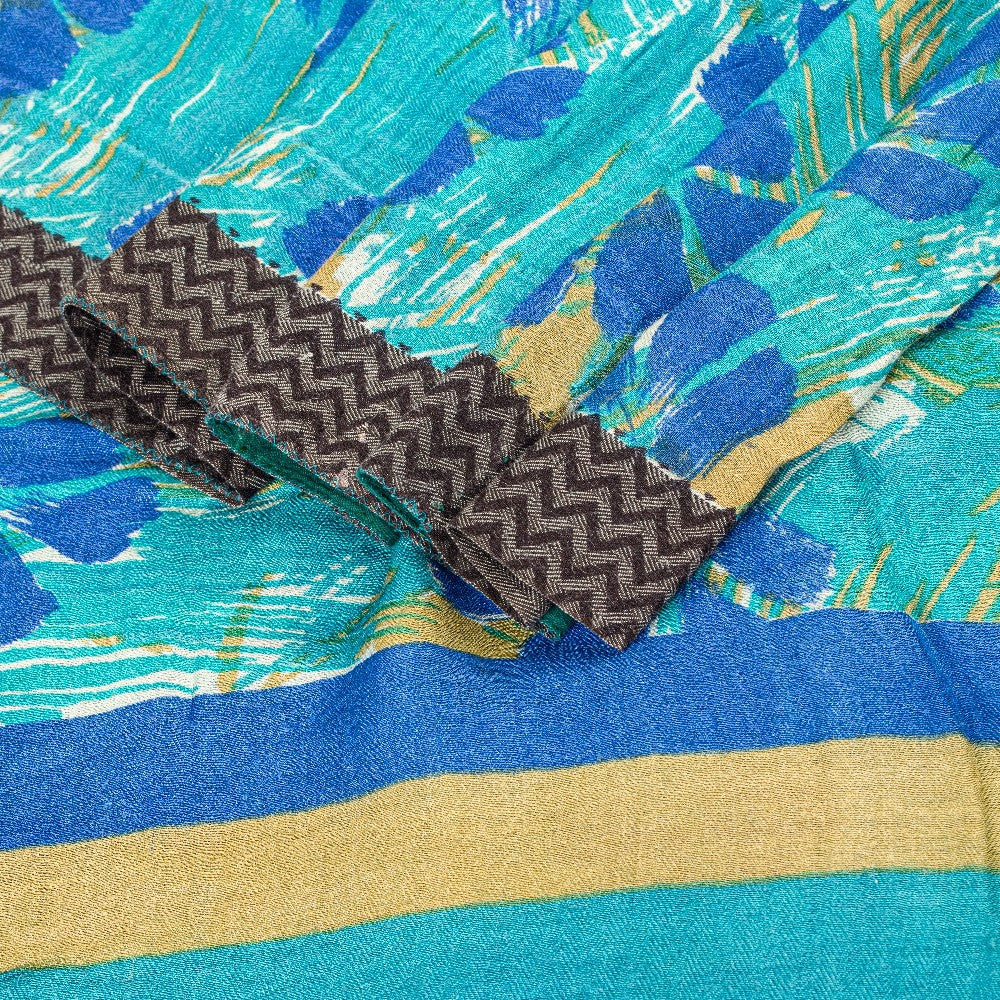 Sanskriti Vintage Blue Saree Pure Woolen Floral Printed Sari 5.5+YD Craft Fabric
