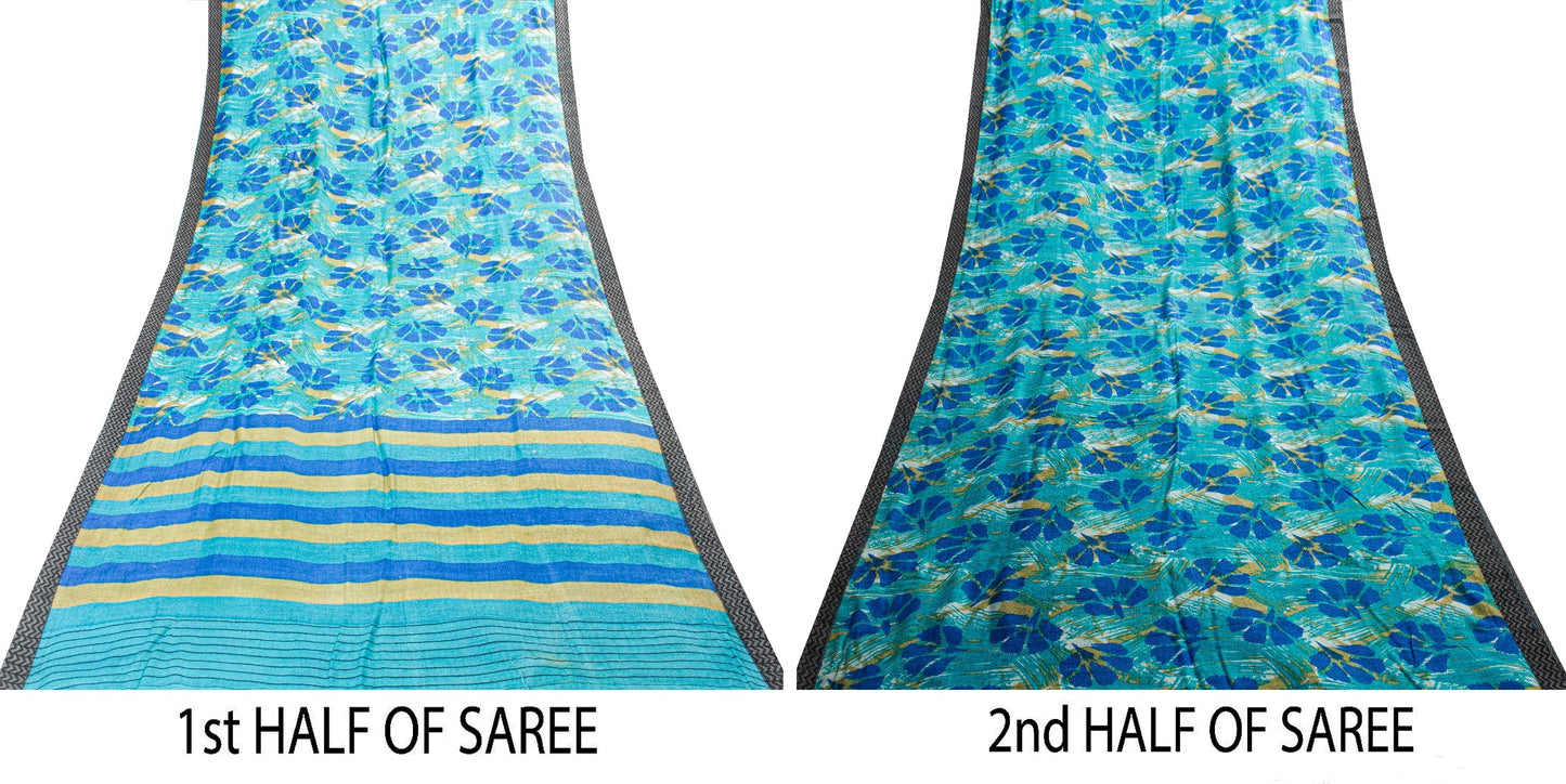 Sanskriti Vintage Blue Saree Pure Woolen Floral Printed Sari 5.5+YD Craft Fabric