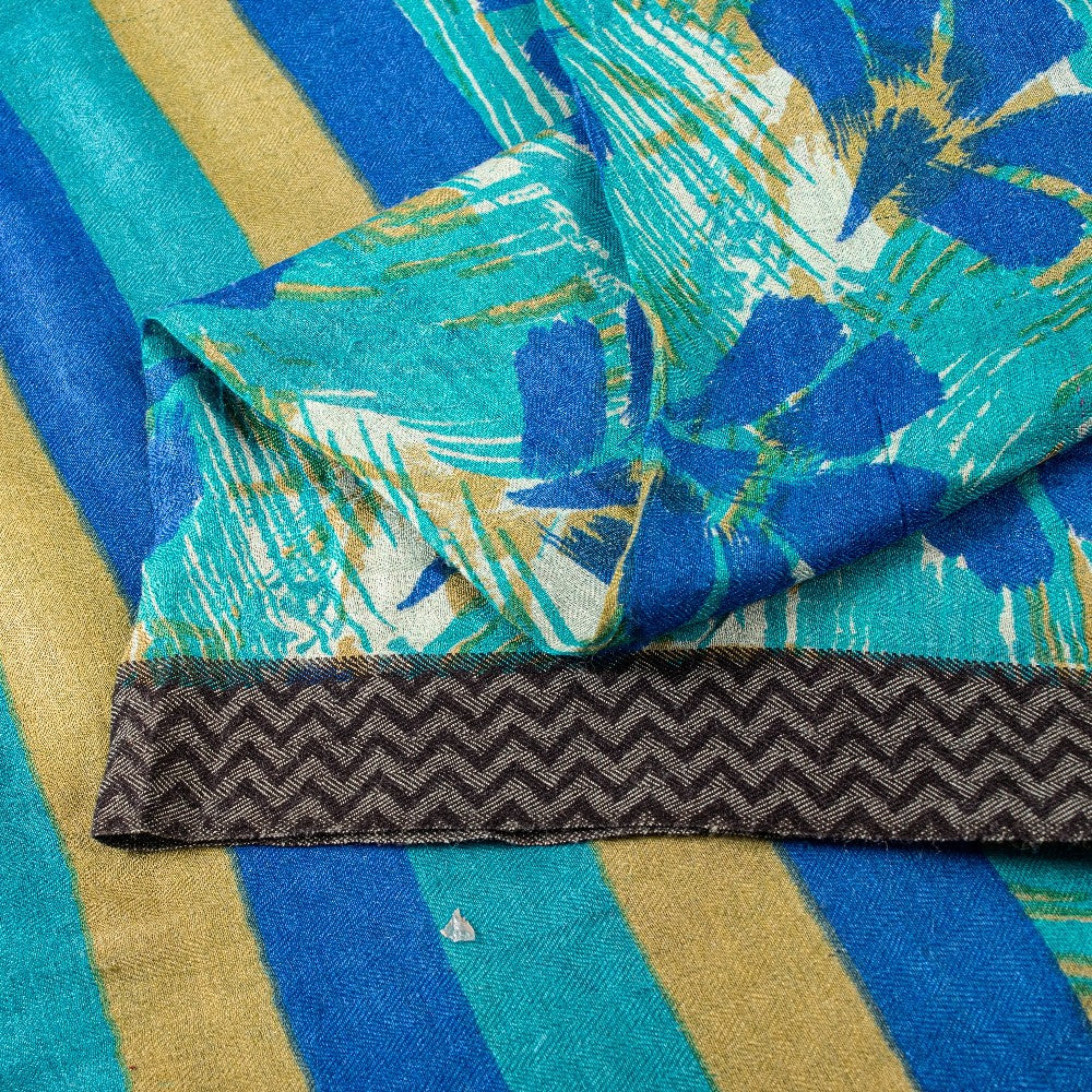 Sanskriti Vintage Blue Saree Pure Woolen Floral Printed Sari 5.5+YD Craft Fabric