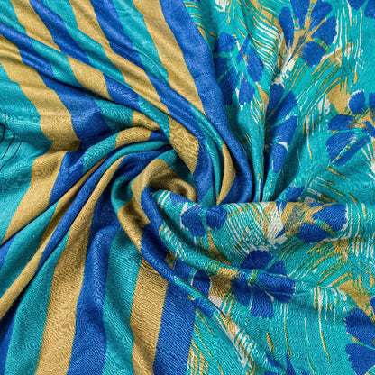Sanskriti Vintage Blue Saree Pure Woolen Floral Printed Sari 5.5+YD Craft Fabric