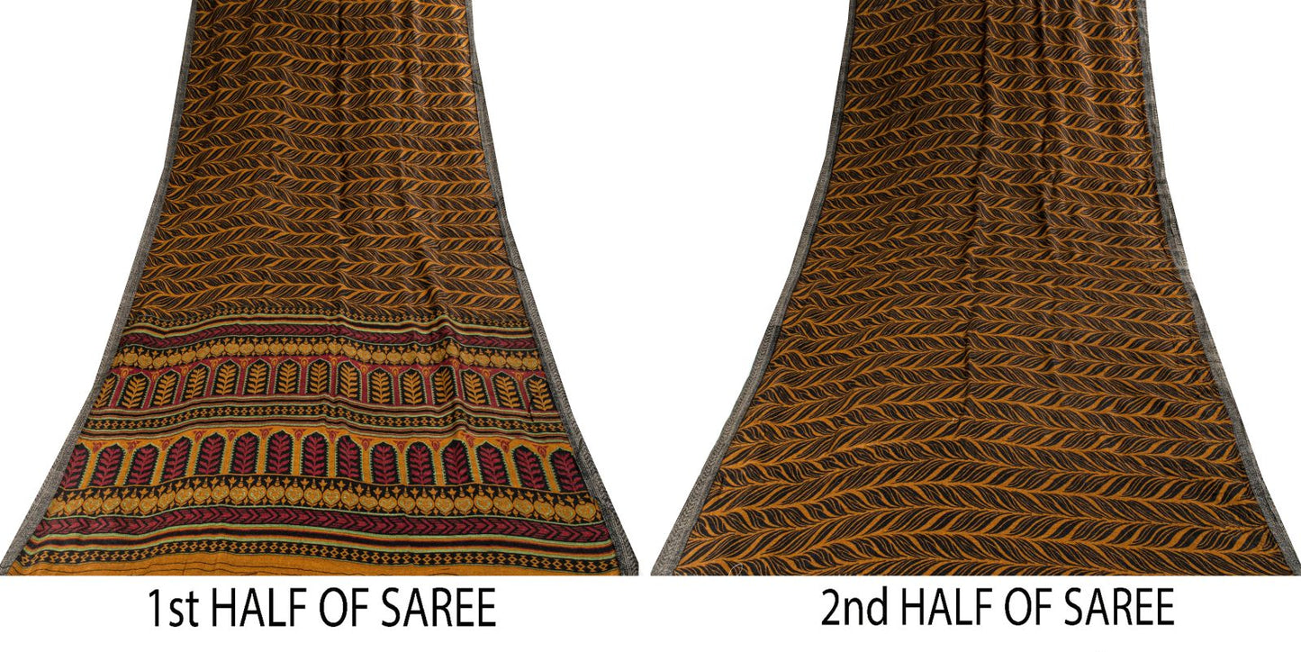 Sanskriti Vintage Soft Brown Pure Woolen Saree Leaf Printed Sari 5.5+YD Fabric
