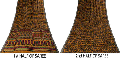 Sanskriti Vintage Soft Brown Pure Woolen Saree Leaf Printed Sari 5.5+YD Fabric