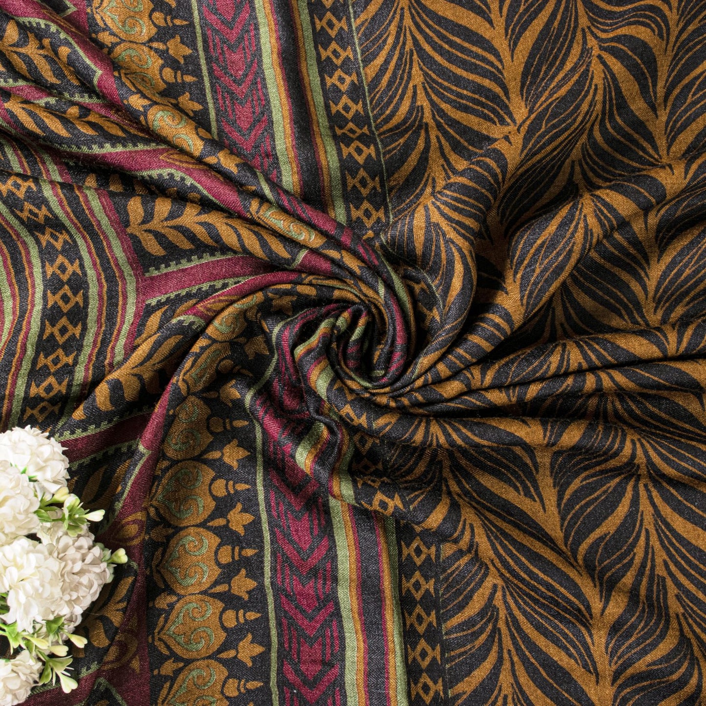 Sanskriti Vintage Soft Brown Pure Woolen Saree Leaf Printed Sari 5.5+YD Fabric