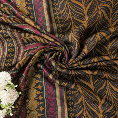 Sanskriti Vintage Soft Brown Pure Woolen Saree Leaf Printed Sari 5.5+YD Fabric