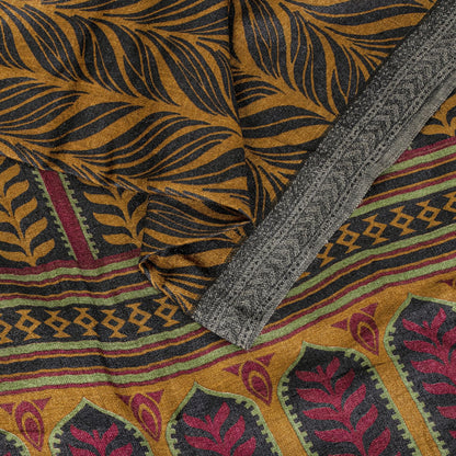 Sanskriti Vintage Soft Brown Pure Woolen Saree Leaf Printed Sari 5.5+YD Fabric