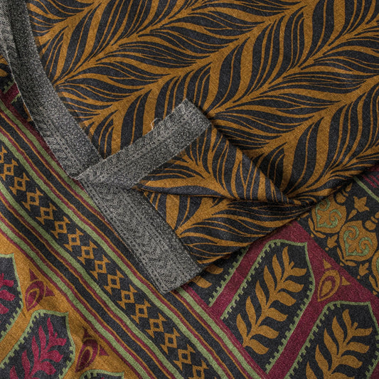Sanskriti Vintage Soft Brown Pure Woolen Saree Leaf Printed Sari 5.5+YD Fabric