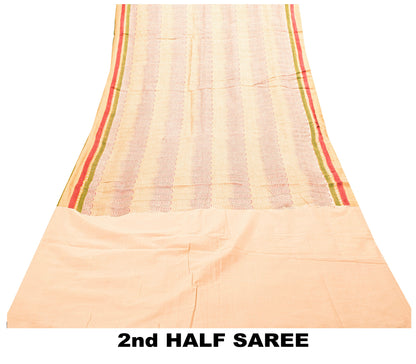 Sanskriti Vintage Ivory-Red Saree Pure Woolen Hand Block Printed Sari 6YD Craft