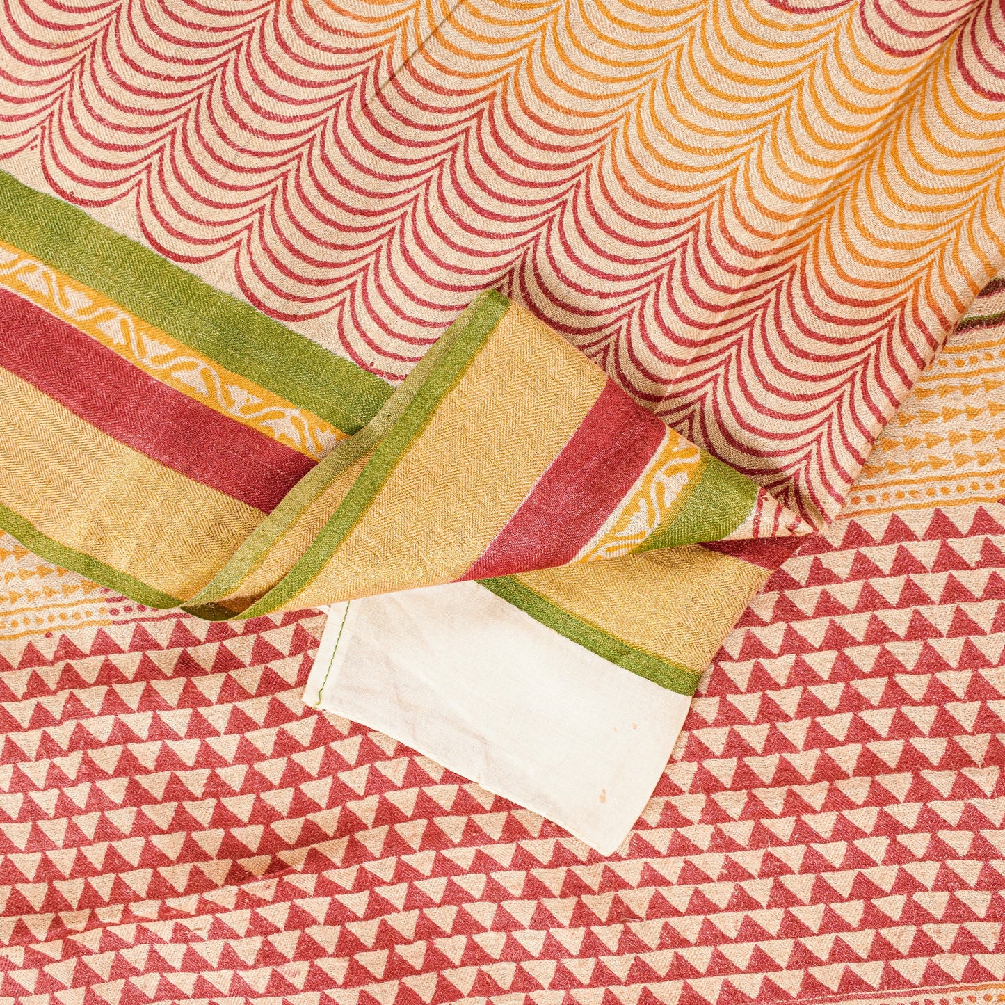 Sanskriti Vintage Ivory-Red Saree Pure Woolen Hand Block Printed Sari 6YD Craft