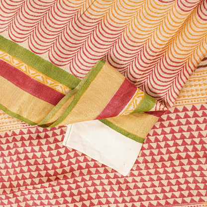 Sanskriti Vintage Ivory-Red Saree Pure Woolen Hand Block Printed Sari 6YD Craft