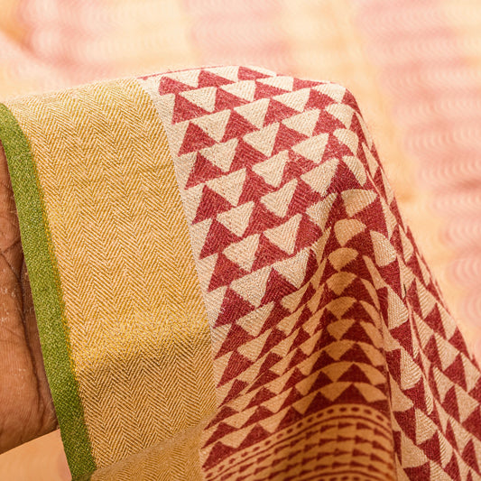 Sanskriti Vintage Ivory-Red Saree Pure Woolen Hand Block Printed Sari 6YD Craft