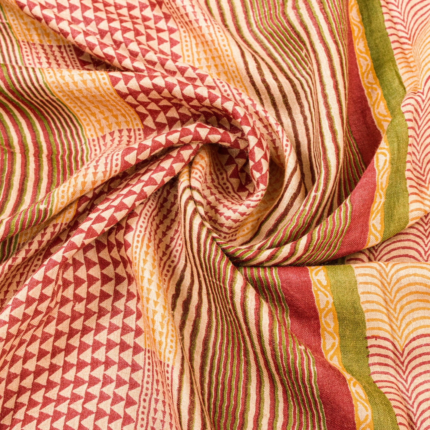 Sanskriti Vintage Ivory-Red Saree Pure Woolen Hand Block Printed Sari 6YD Craft