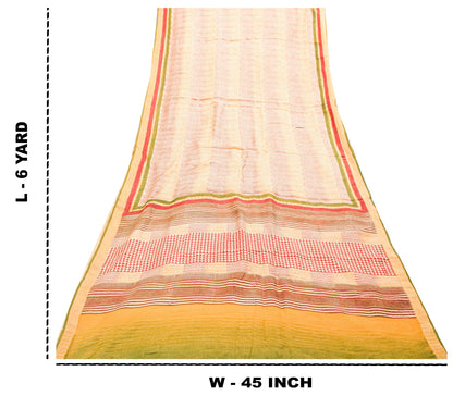 Sanskriti Vintage Ivory-Red Saree Pure Woolen Hand Block Printed Sari 6YD Craft