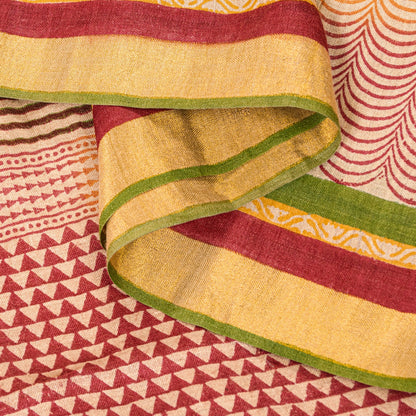 Sanskriti Vintage Ivory-Red Saree Pure Woolen Hand Block Printed Sari 6YD Craft