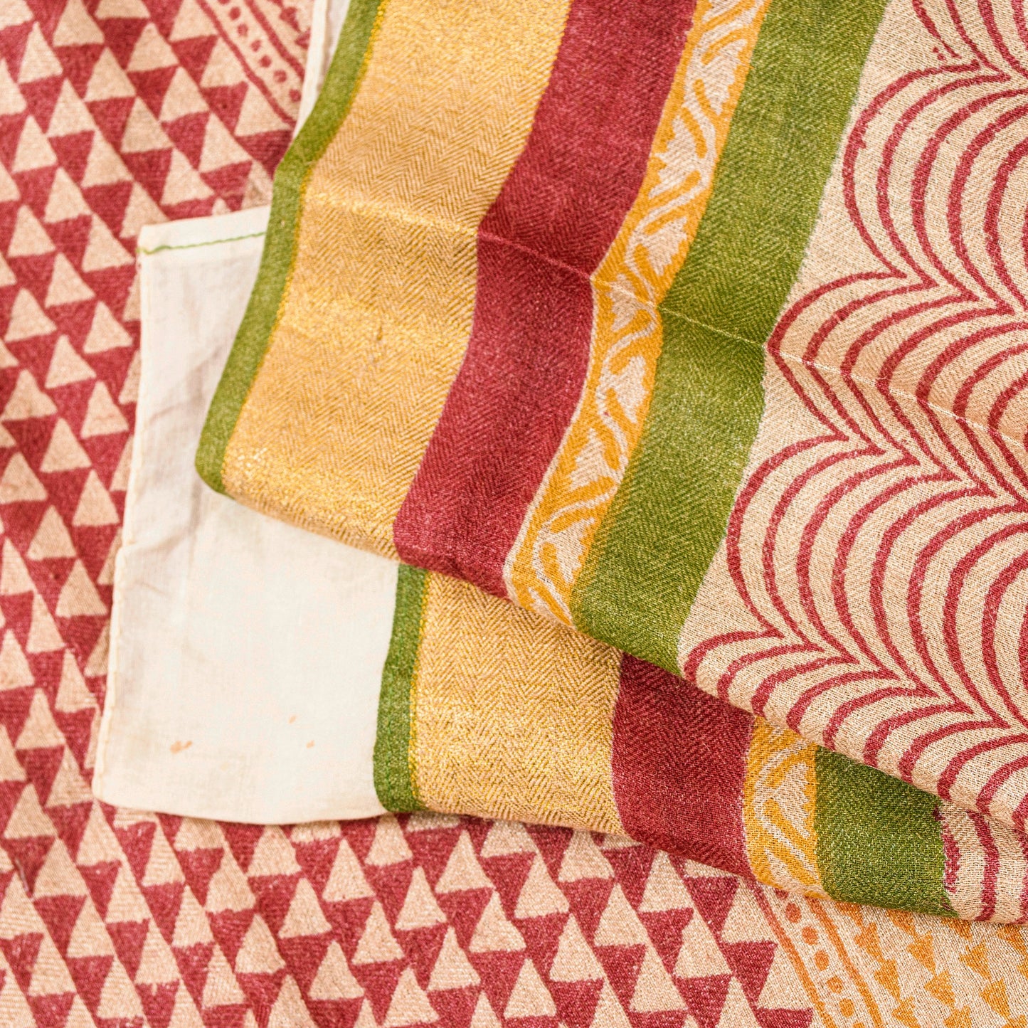 Sanskriti Vintage Ivory-Red Saree Pure Woolen Hand Block Printed Sari 6YD Craft