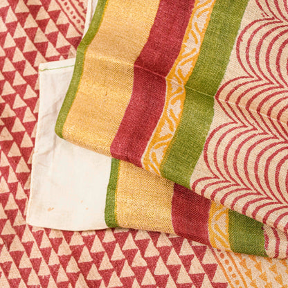 Sanskriti Vintage Ivory-Red Saree Pure Woolen Hand Block Printed Sari 6YD Craft