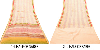 Sanskriti Vintage Ivory-Red Saree Pure Woolen Hand Block Printed Sari 6YD Craft