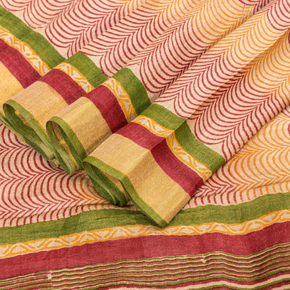 Sanskriti Vintage Ivory-Red Saree Pure Woolen Hand Block Printed Sari 6YD Craft