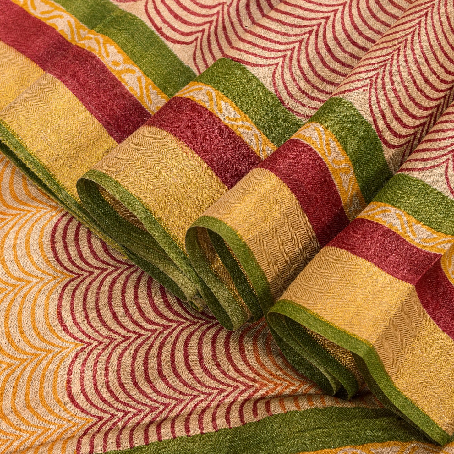 Sanskriti Vintage Ivory-Red Saree Pure Woolen Hand Block Printed Sari 6YD Craft