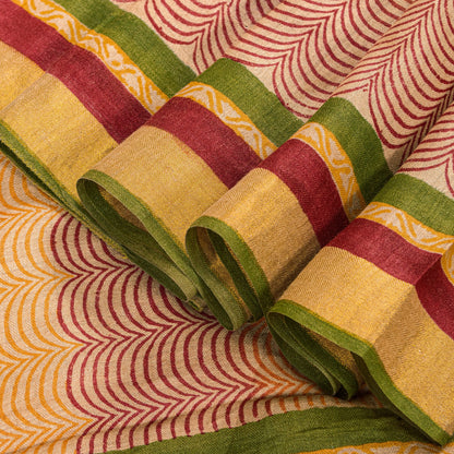 Sanskriti Vintage Ivory-Red Saree Pure Woolen Hand Block Printed Sari 6YD Craft