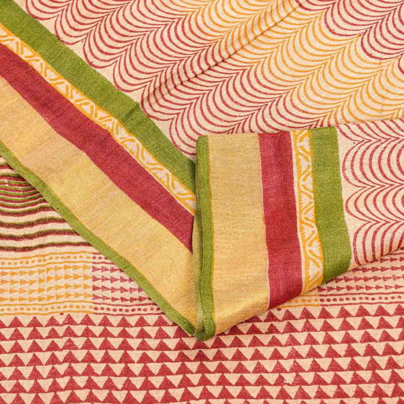 Sanskriti Vintage Ivory-Red Saree Pure Woolen Hand Block Printed Sari 6YD Craft