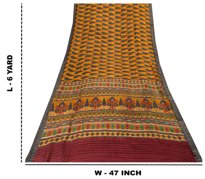 Sanskriti Vintage Soft Yellow 100% Pure Woolen Saree Leaf Printed Sari 6YD Craft