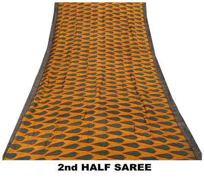 Sanskriti Vintage Soft Yellow 100% Pure Woolen Saree Leaf Printed Sari 6YD Craft