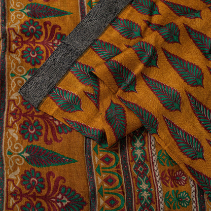Sanskriti Vintage Soft Yellow 100% Pure Woolen Saree Leaf Printed Sari 6YD Craft