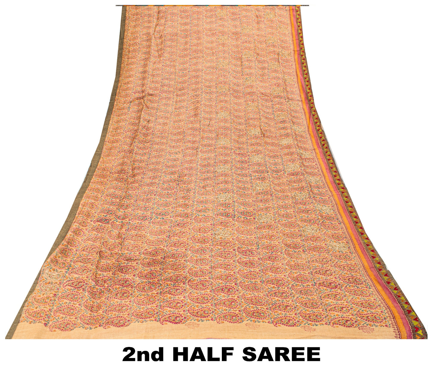 Sanskriti Vintage Soft Cream Pure Woolen Saree Block Print Embroidered Sari 5.5