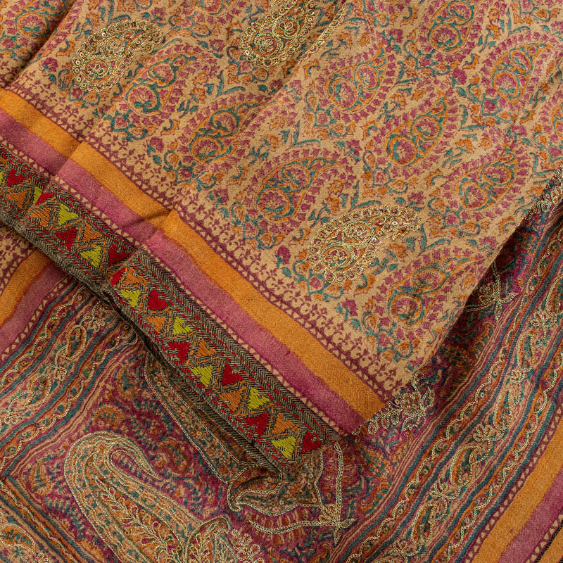Sanskriti Vintage Soft Cream Pure Woolen Saree Block Print Embroidered Sari 5.5