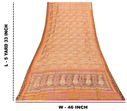 Sanskriti Vintage Soft Cream Pure Woolen Saree Block Print Embroidered Sari 5.5
