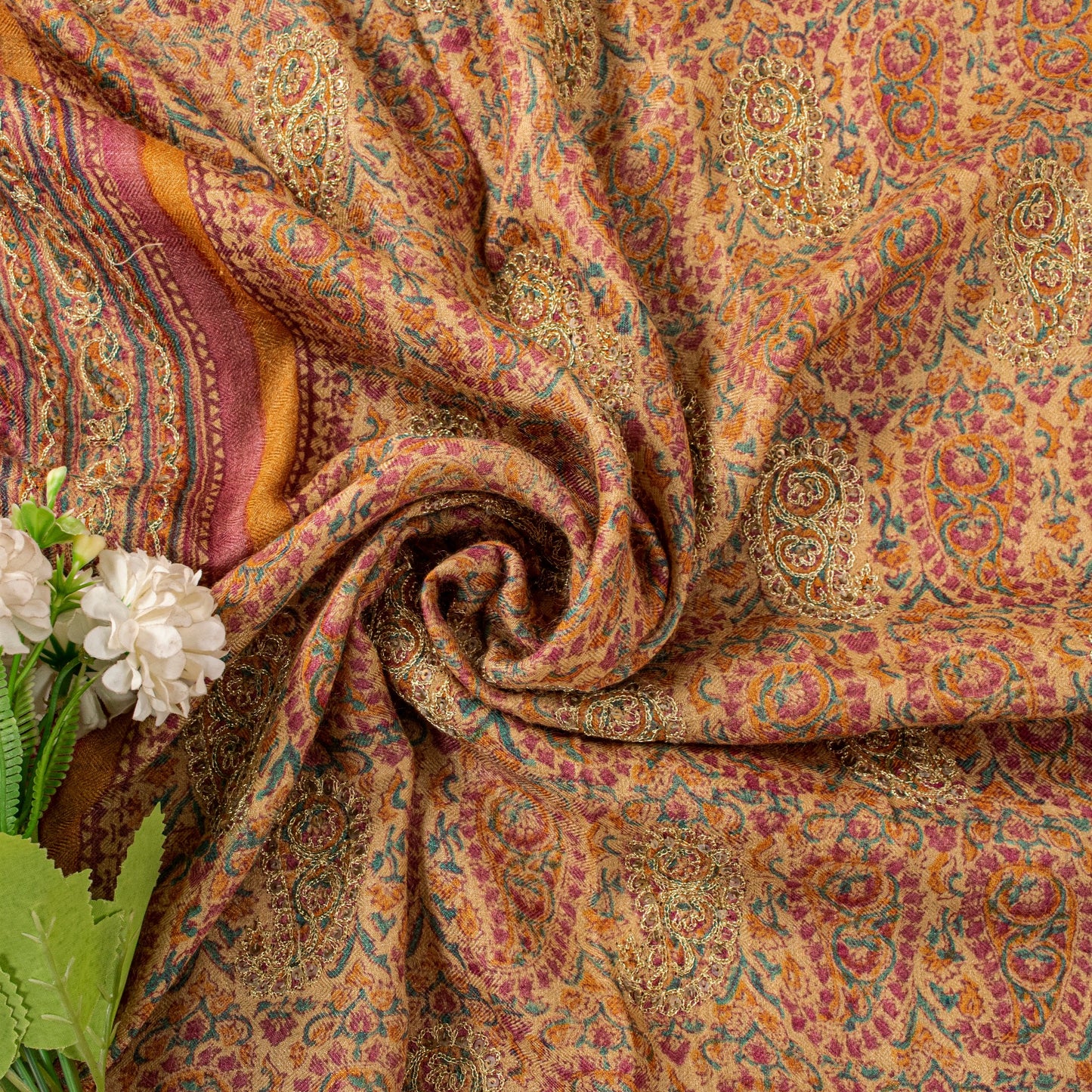 Sanskriti Vintage Soft Cream Pure Woolen Saree Block Print Embroidered Sari 5.5