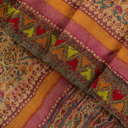 Sanskriti Vintage Soft Cream Pure Woolen Saree Block Print Embroidered Sari 5.5
