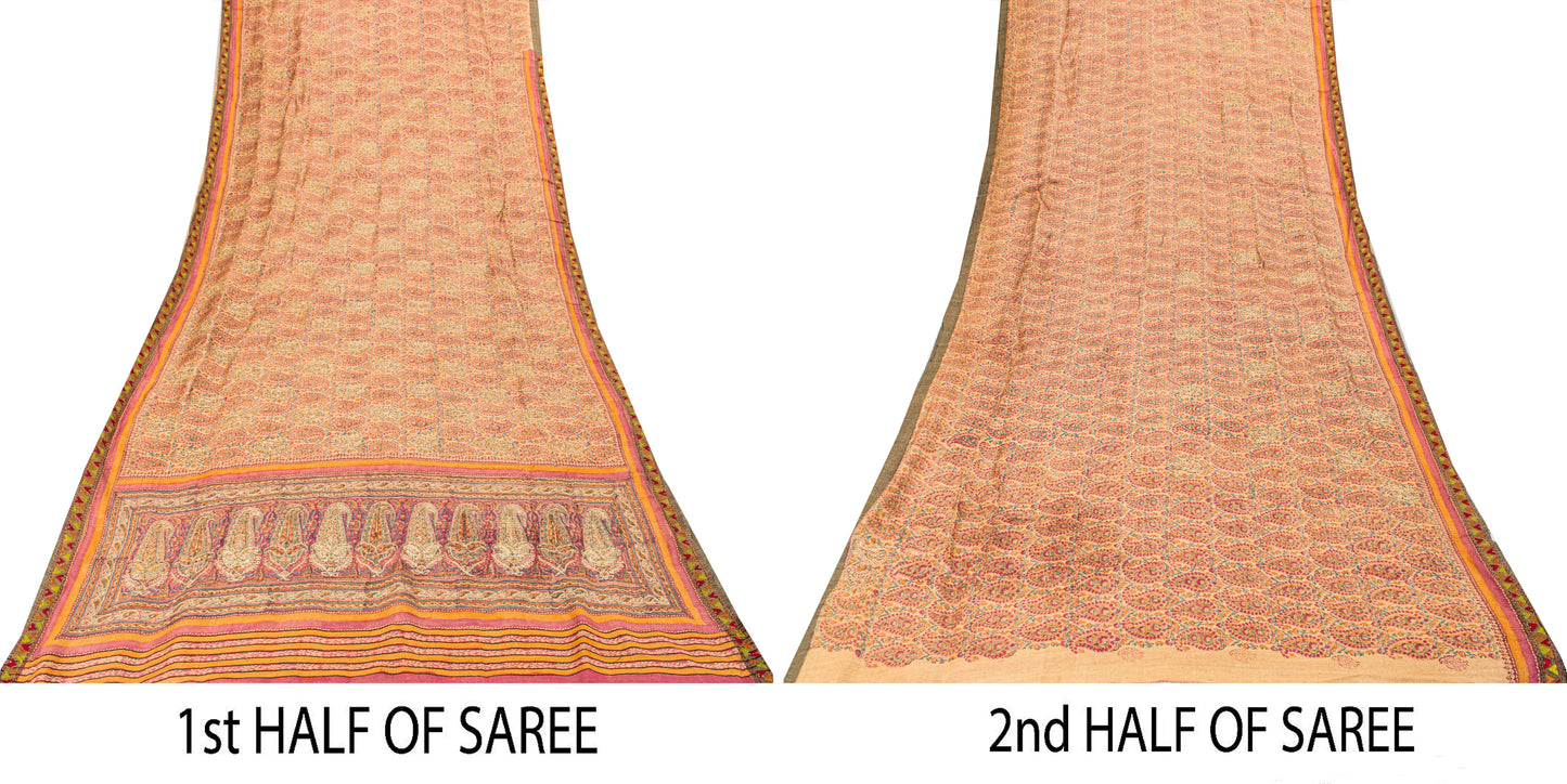 Sanskriti Vintage Soft Cream Pure Woolen Saree Block Print Embroidered Sari 5.5