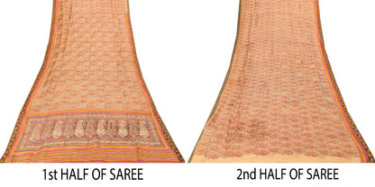 Sanskriti Vintage Soft Cream Pure Woolen Saree Block Print Embroidered Sari 5.5
