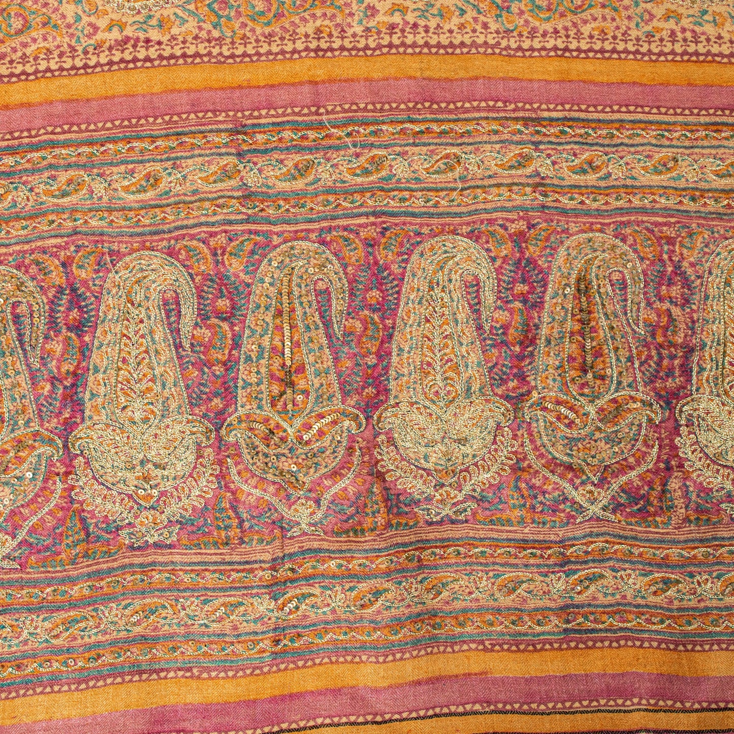Sanskriti Vintage Soft Cream Pure Woolen Saree Block Print Embroidered Sari 5.5