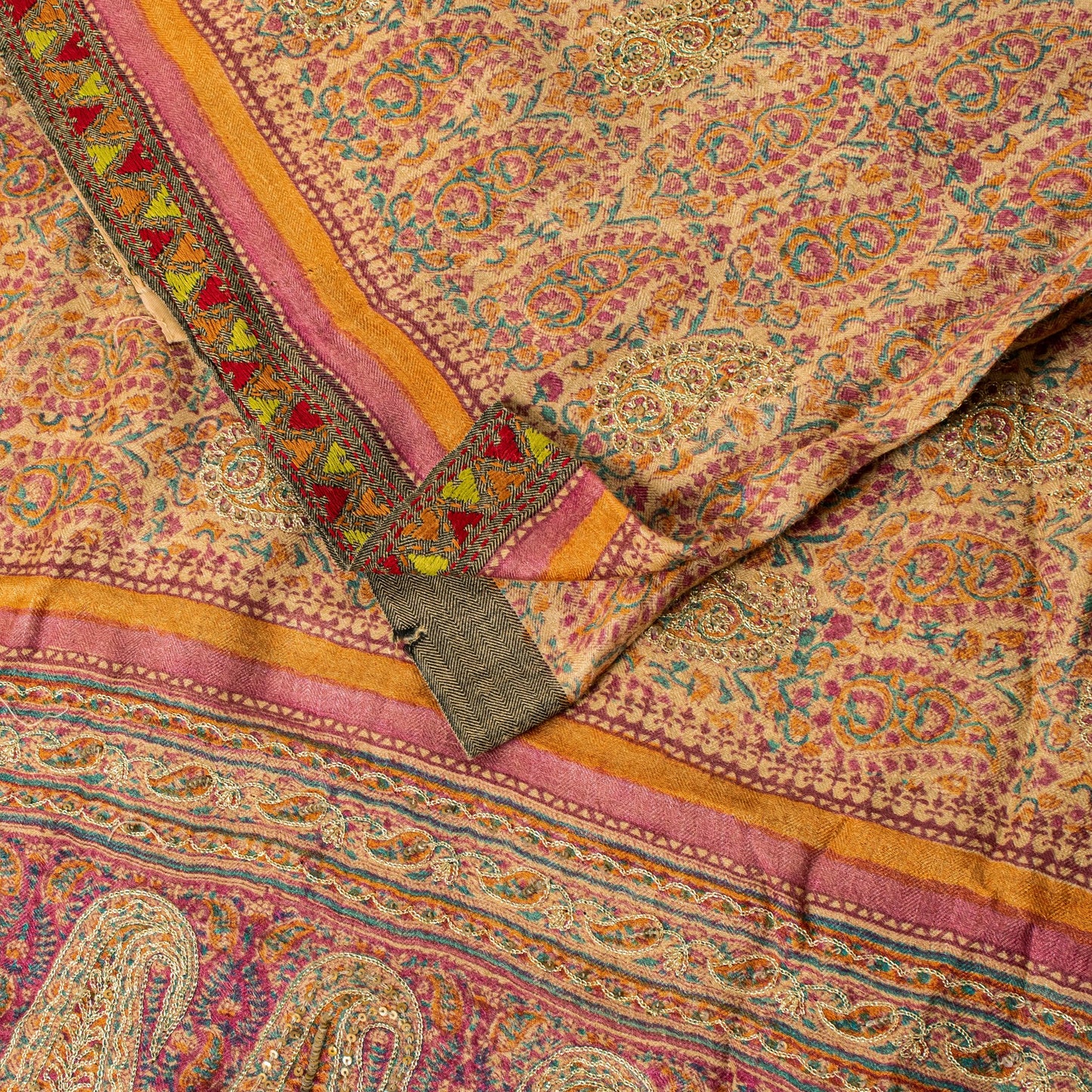 Sanskriti Vintage Soft Cream Pure Woolen Saree Block Print Embroidered Sari 5.5