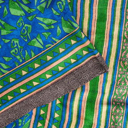 Sanskriti Vintage Soft Blue Pure Woolen Saree Foliage Geometric Print Sari 6+YD