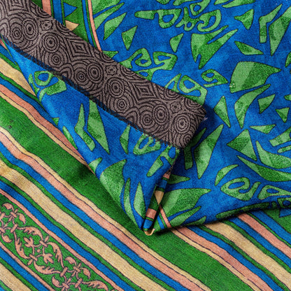 Sanskriti Vintage Soft Blue Pure Woolen Saree Foliage Geometric Print Sari 6+YD