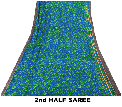 Sanskriti Vintage Soft Blue Pure Woolen Saree Foliage Geometric Print Sari 6+YD
