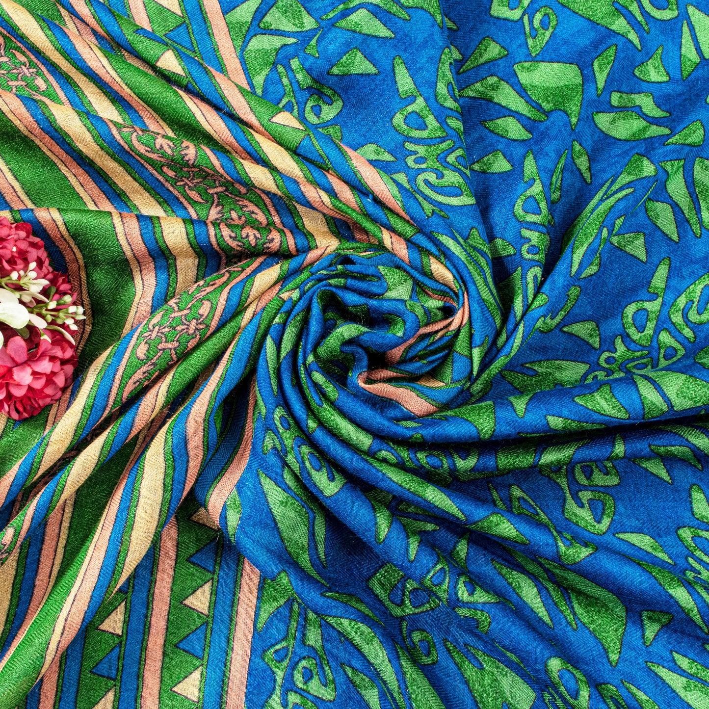 Sanskriti Vintage Soft Blue Pure Woolen Saree Foliage Geometric Print Sari 6+YD