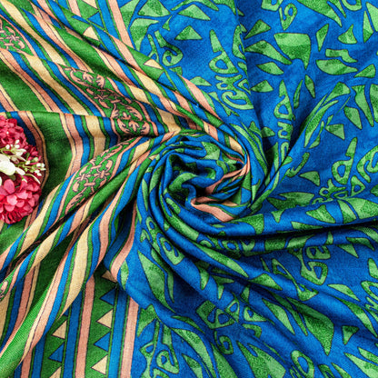 Sanskriti Vintage Soft Blue Pure Woolen Saree Foliage Geometric Print Sari 6+YD